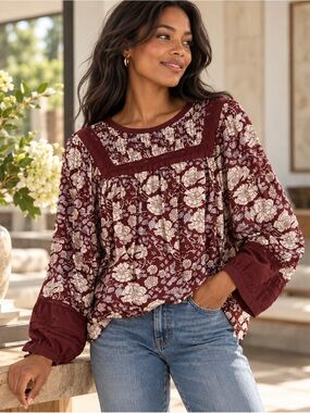 Cleobella Floral Blouse in Burgundy and White